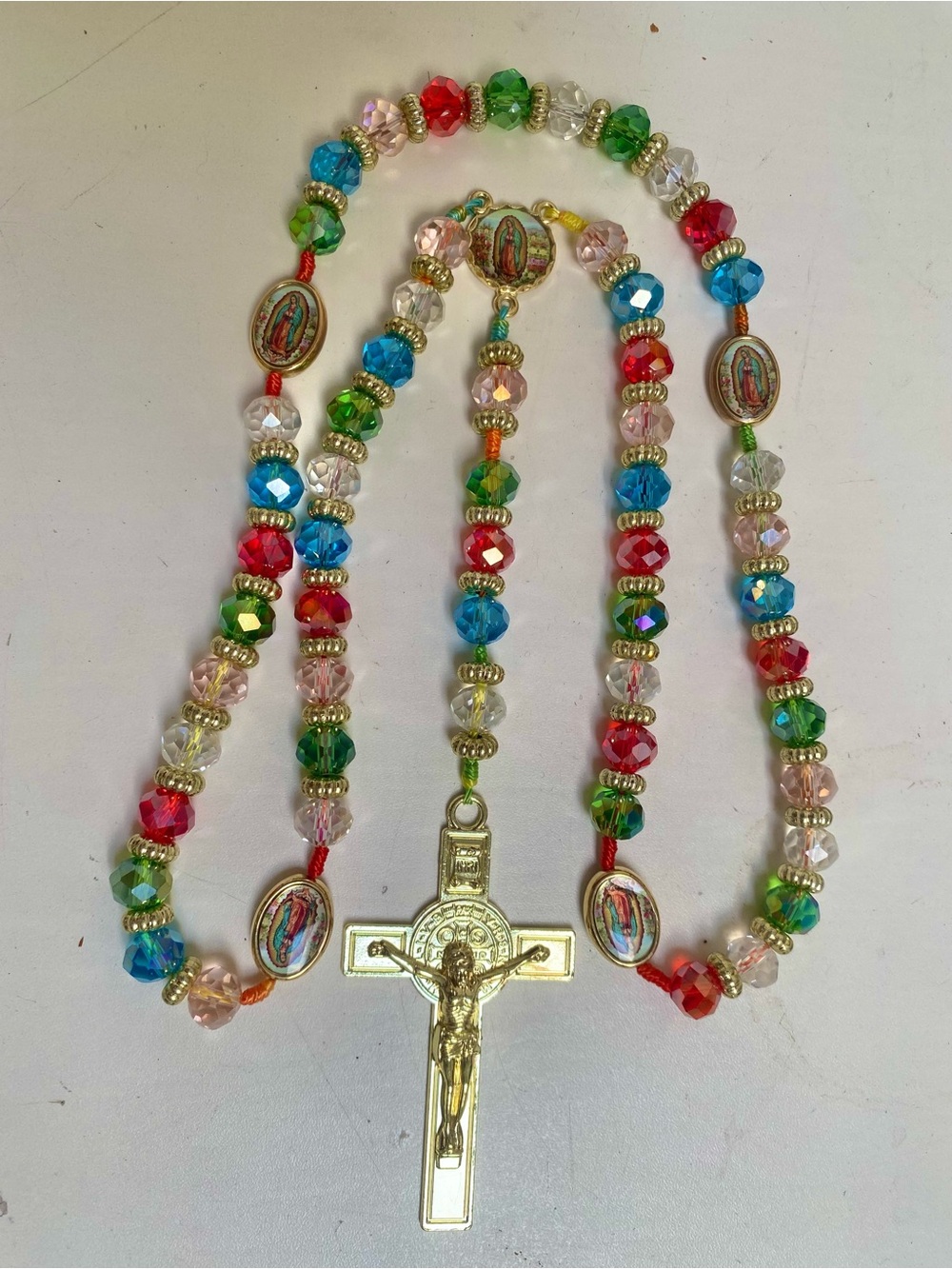Saint Benedict crucifix & Virgin of Guadalupe colorful faceted glass bead rosary